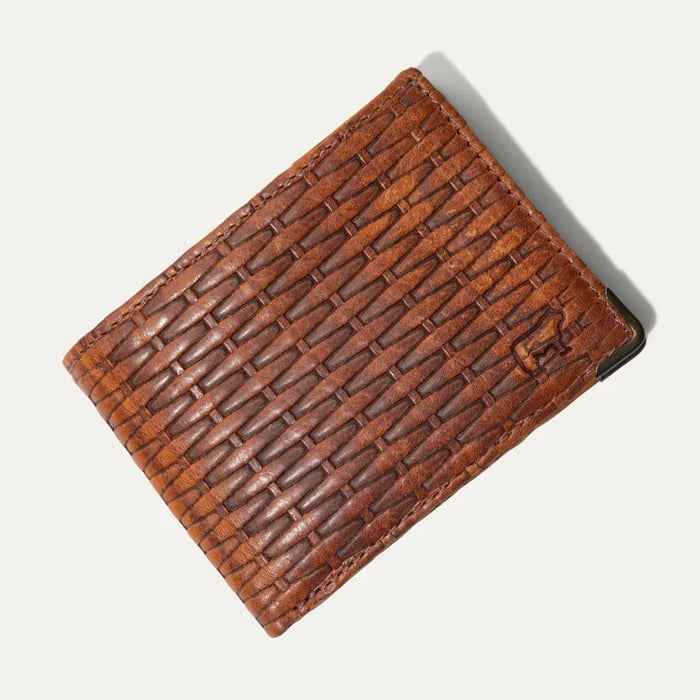 The WILL LEATHER GOODS Industrialist Billfold in Cognac Basketweave, shown open with an ID window and closed to reveal its full-grain leather texture, features RFID-blocking and is set against a plain light background.