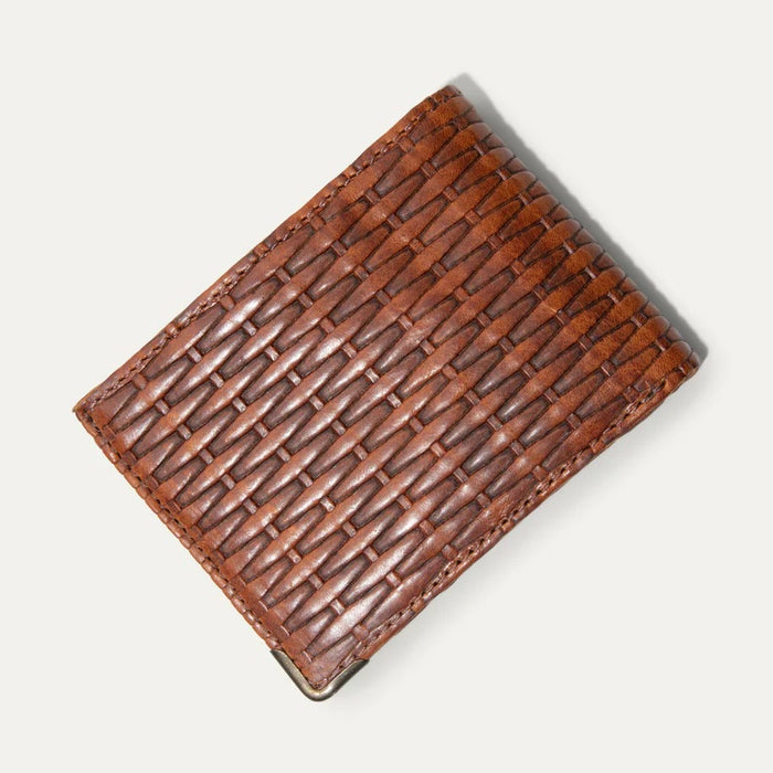 The WILL LEATHER GOODS Industrialist Billfold in Cognac Basketweave, shown open with an ID window and closed to reveal its full-grain leather texture, features RFID-blocking and is set against a plain light background.